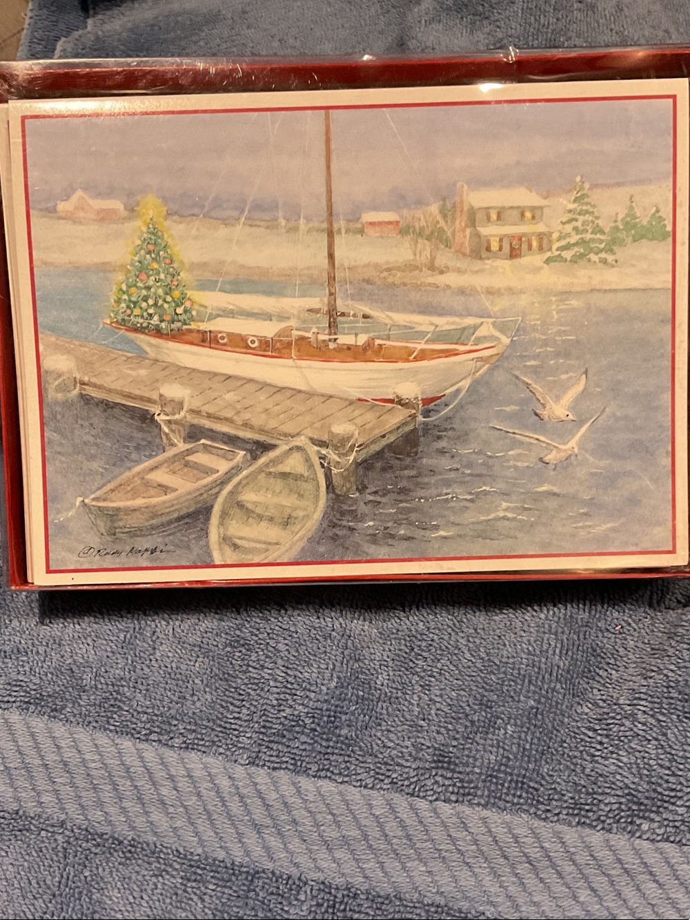 Blue and White Sailboat Holiday Card with Festive Tree